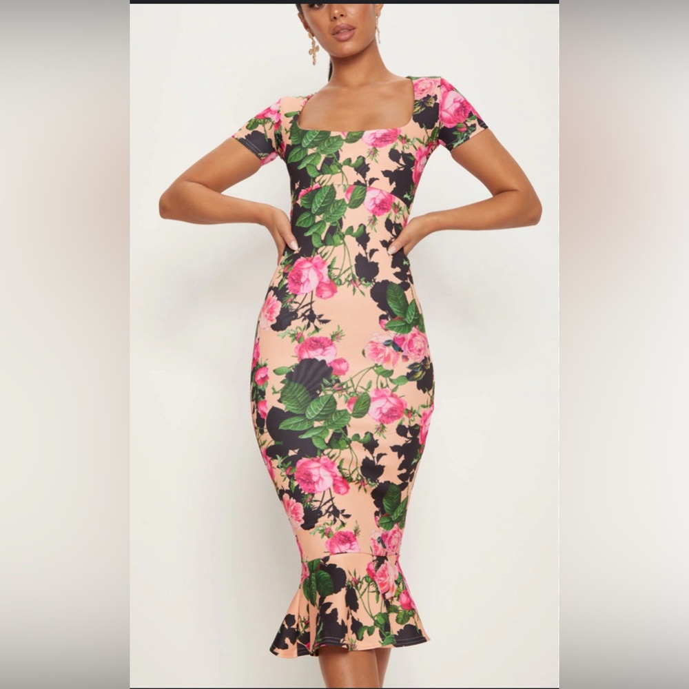 PRETTYLITTLETHING Tangerine Floral Square Neck Frill Hem Midi Dress 2